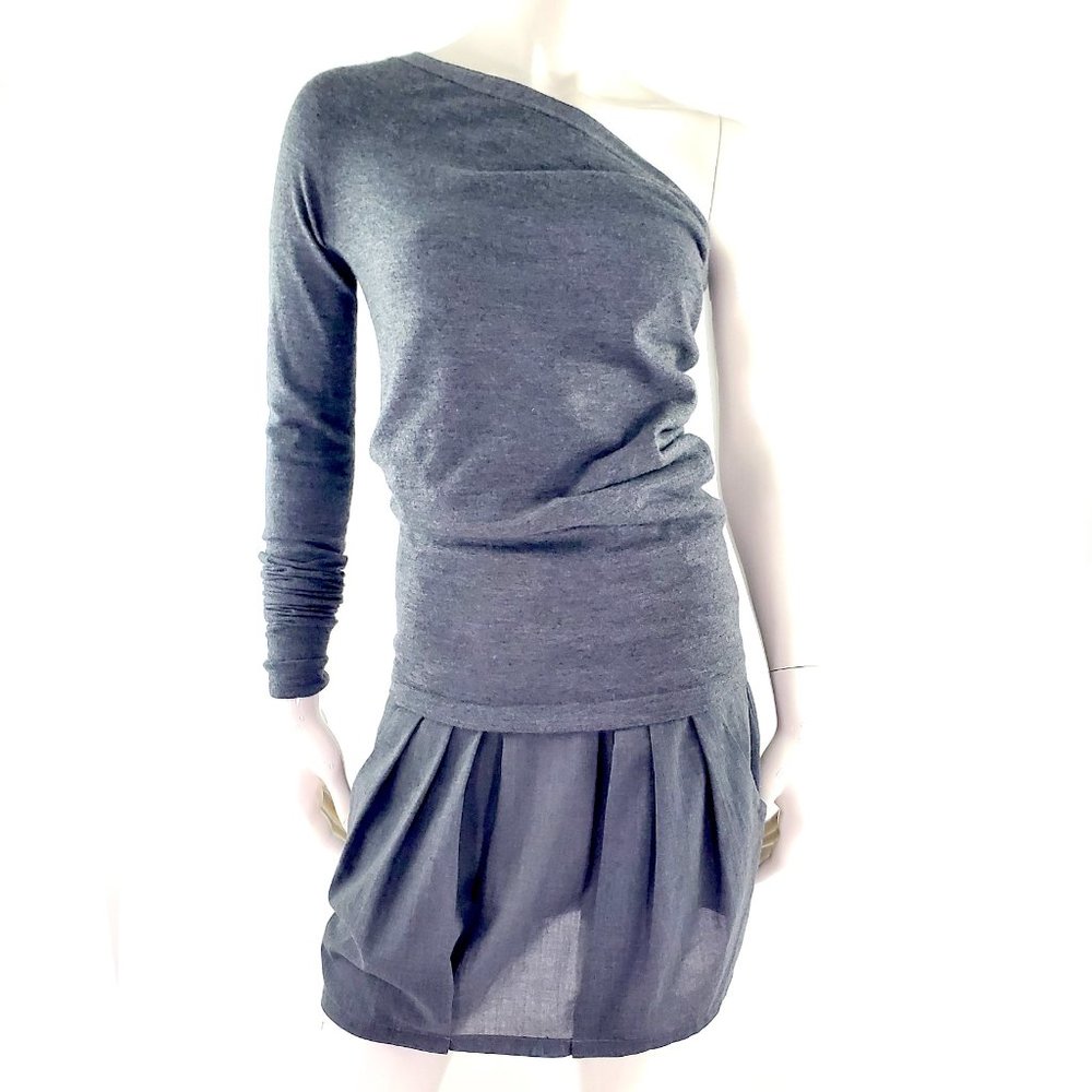 Authentic Brunello Cucinelli Gray Cashmere Off Shoulder Knee Short Dress M